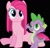 Size: 627x600 | Tagged: safe, artist:ultrapfunk, derpibooru import, pinkie pie, spike, dragon, earth pony, pony, black background, cute, female, happy, looking at you, male, mare, pinkamenaspike, pinkiespike, raised hand, shipping, simple background, sitting, smiling, straight