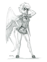 Size: 1000x1303 | Tagged: safe, artist:baron engel, fleetfoot, anthro, pegasus, unguligrade anthro, clothes, female, goggles, large wings, legs, looking at you, mare, miniskirt, monochrome, patreon, patreon reward, pencil drawing, shoes, simple background, skirt, solo, thighs, traditional art, uniform, white background, wings