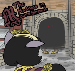 Size: 640x600 | Tagged: safe, artist:ficficponyfic, part of a series, part of a set, oc, oc:mulberry telltale, pony, back of head, black mane, blackletter, clothes, coat, cobblestone street, cyoa, cyoa:madness in mournthread, darkness, glowing eyes, glowing eyes of doom, headband, looking over shoulder, monster, mystery, one ear down, ruffles, shutters, stone, story included, title, title card, title page, title screen, toenails, wall, window
