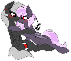 Size: 2184x1864 | Tagged: safe, artist:floof horse, oc, oc:luriel maelstrom, oc:sak, bat pony, pegasus, pony, vampire, vampony, affection, blank expression, dark magic, evil, female, jewelry, kissing, love, magic, male, mare, red eyes, shipping, stallion, teenager, tiara