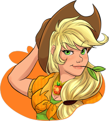 Size: 1351x1500 | Tagged: safe, artist:g-blue16, derpibooru import, applejack, human, applejack's hat, arm behind head, blushing, bust, cowboy hat, element of honesty, female, flannel, freckles, hat, humanized, looking at you, simple background, solo, straw in mouth, transparent background