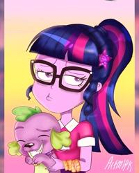 Size: 716x896 | Tagged: safe, artist:artmlpk, sci-twi, spike, spike the regular dog, twilight sparkle, dog, better together, choose your own ending, equestria girls, the road less scheduled, the road less scheduled: microchips, adorkable, bracelet, cute, dork, duckface, duo, face, female, funny, geode of telekinesis, glasses, jewelry, magical geodes, male, ponytail, smiling, spikabetes, twiabetes