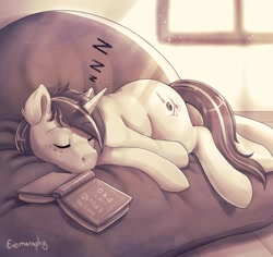 Size: 1964x1855 | Tagged: safe, artist:evomanaphy, oc, oc only, oc:night rain, pony, unicorn, book, eyes closed, freckles, male, monochrome, onomatopoeia, sleeping, sofa, solo, sound effects, stallion, zzz