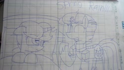 Size: 5312x2992 | Tagged: safe, artist:徐詩珮, fizzlepop berrytwist, spring rain, tempest shadow, pony, unicorn, armor, broken horn, dialogue, female, graph paper, horn, lesbian, lineart, lined paper, mare, shipping, spring rain is not amused, springshadow, traditional art, unamused