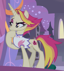 Size: 1158x1297 | Tagged: safe, screencap, fire flare, pony, unicorn, the summer sun setback, canterlot, clothes, cropped, cutie mark, eyeshadow, female, hoof on chin, lidded eyes, makeup, mare, night, raised eyebrow, raised hoof, solo, thinking