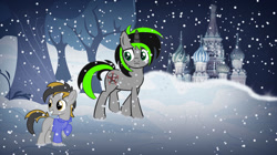 Size: 1280x719 | Tagged: safe, artist:krx34, oc, oc:osiris, oc:sokol, earth pony, pony, unicorn, clothes, colt, dad, hoodie, horn, male, moscow, pentagram, snow, snowfall, son, stallion, winter