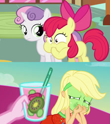 Size: 1920x2160 | Tagged: safe, screencap, apple bloom, applejack, pinkie pie, sweetie belle, better together, equestria girls, hearts and hooves day (episode), spring breakdown, green face, puffy cheeks, seasickness, smoothie