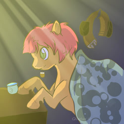 Size: 900x900 | Tagged: safe, artist:quelux, oc, oc only, oc:noah fence, earth pony, pony, blanket, crepuscular rays, cup, female, mare, mouth hold, solo, teabag, toolbelt