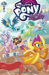 Size: 825x1252 | Tagged: safe, artist:tonyfleecs, idw, gallus, ocellus, sandbar, silverstream, smolder, yona, spoiler:comic, spoiler:comicfeatsoffriendship02, hurdle, obstacle course, student six