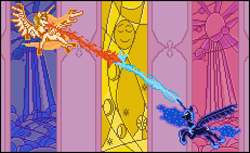 Size: 924x564 | Tagged: safe, artist:8-bitbrony, daybreaker, nightmare moon, alicorn, pony, a royal problem, armor, blast, crown, female, fight, flying, hoof shoes, jewelry, magic, magic blast, mane of fire, mare, regalia, sisters, stained glass, wings