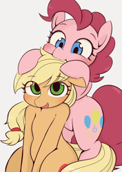 Size: 967x1366 | Tagged: safe, artist:manachaaaaaaaa, derpibooru import, applejack, pinkie pie, earth pony, pony, blushing, cute, diapinkes, duo, eye clipping through hair, female, human shoulders, jackabetes, nom