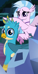 Size: 272x524 | Tagged: safe, screencap, gallus, silverstream, griffon, hippogriff, uprooted, cropped, female, male, thousand yard stare, wings