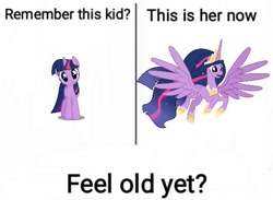 Size: 573x420 | Tagged: safe, artist:digimonlover101, edit, princess twilight 2.0, twilight sparkle, twilight sparkle (alicorn), unicorn twilight, alicorn, pony, unicorn, the last problem, adult, cute, ethereal mane, feel old yet?, feeling old yet?, female, mare, meme, older, older twilight, open mouth, simple background, spread wings, text edit, white background, wings