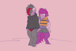 Size: 3496x2362 | Tagged: safe, artist:helloiamyourfriend, oc, oc:bella, oc:strawberry soda, satyr, blushing, clothes, holding hands, hoodie, lifejacket, panties, parent:oc:miss eri, parent:tempest shadow, underwear