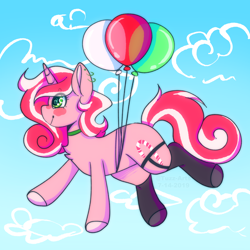 Size: 3600x3600 | Tagged: safe, artist:tuzz-arts, oc, oc:peppy revvy, pony, unicorn, balloon, female, flying, mare, solo