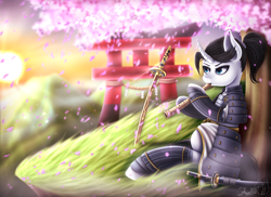 Size: 1600x1166 | Tagged: safe, artist:hoodiefoxy, oc, oc only, oc:shiro reisu, pony, unicorn, armor, badass, flute, japanese, katana, musical instrument, samurai, scenery, sword, torii, weapon