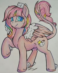 Size: 1775x2227 | Tagged: safe, artist:gleamydreams, oc, pony, blue eyes, female, hat, looking at you, mare, pastel, pegasus oc, solo, spread wings, traditional art, wings