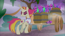 Size: 1366x768 | Tagged: safe, screencap, fire flare, pony, the summer sun setback, barrel, bush, cart, eyes closed, fireworks, fog, night, solo, uninterested