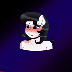 Size: 3000x3000 | Tagged: safe, artist:rarityismywaifu, oc, oc only, oc:lamika, anthro, anthro oc, bare shoulder portrait, bare shoulders, blushing, blushing profusely, bust, chest freckles, choker, ear piercing, earring, eyeshadow, fangs, female, freckles, head shot, jewelry, lip bite, lipstick, makeup, mare, necklace, piercing, portrait, shoulder freckles, sketch, solo