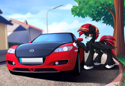 Size: 3144x2160 | Tagged: safe, artist:airiniblock, oc, oc only, oc:dw190, alicorn, pony, alicorn oc, building, car, commission, high res, house, male, mazda rx8, rcf community, red and black oc, solo, unshorn fetlocks, vehicle