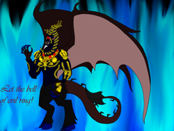 Size: 1600x1200 | Tagged: safe, artist:kahnac, artist:melspyrose, grogar, anthro, spoiler:s09, alternate universe, baphomet, based on art, blue fire, dante's inferno, devil, fanfic, god of destruction, grogar's bell, lucifer, solo, spoiler