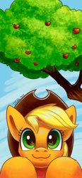 Size: 1242x2688 | Tagged: safe, artist:tsitra360, derpibooru import, applejack, earth pony, pony, apple, apple tree, cowboy hat, cute, digital art, female, hat, jackabetes, mare, ponified, smiling, solo, stetson, tree