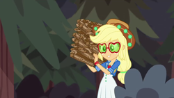 Size: 1280x720 | Tagged: safe, screencap, applejack, better together, choose your own ending, equestria girls, wake up!, wake up!: applejack, applejack's festival hat, applejack's sunglasses, bush, carrying, clothes, dress, female, geode of super strength, hat, magical geodes, outdoors, smiling, solo, sunglasses, tree, wood, working