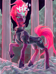 Size: 675x900 | Tagged: safe, artist:fleebites, tempest shadow, pony, broken horn, glowing horn, horn, marker art, raised hoof, solo, traditional art