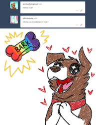 Size: 800x1036 | Tagged: safe, artist:askwinonadog, winona, dog, ask, ask winona, dog treat, floating heart, food, happy, heart, rainbow colors, simple background, solo, starry eyes, tumblr, white background, wingding eyes