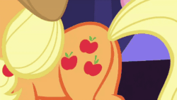 Size: 450x253 | Tagged: safe, derpibooru import, screencap, applejack, pinkie pie, earth pony, pony, shadow play, animated, applebutt, butt, butt touch, butthug, faceful of ass, gif, hug, pinkie hugging applejack's butt, plot