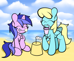 Size: 2400x2000 | Tagged: safe, artist:kimjoman, sassaflash, sea swirl, seafoam, pegasus, pony, unicorn, background pony, beach, bucket, chest fluff, cute, eyes closed, female, mare, mouth hold, ocean, sandcastle, shovel, smiling, ych result