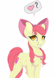 Size: 1725x2500 | Tagged: safe, artist:skitsroom, apple bloom, earth pony, pony, adorabloom, bow, collar, cute, cutie mark, female, grin, hair bow, heart, looking at you, older, older apple bloom, pictogram, question mark, smiling, solo, the cmc's cutie marks