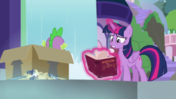 Size: 1920x1080 | Tagged: safe, screencap, spike, twilight sparkle, twilight sparkle (alicorn), alicorn, dragon, the point of no return, book, box, waterfall