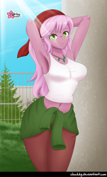 Size: 1076x1779 | Tagged: safe, artist:clouddg, raspberry lilac, equestria girls, armpits, background human, belly button, breasts, busty raspberry lilac, clothes, digital art, female, jewelry, looking at you, midriff, necklace, signature, solo, tanktop