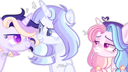 Size: 2440x1373 | Tagged: safe, artist:chickhen, artist:moon-rose-rosie, oc, oc:angel blue, oc:astral moonlight, oc:celestial moon, alicorn, pony, unicorn, base used, female, magical lesbian spawn, multicolored hair, offspring, parent:rainbow dash, parent:twilight sparkle, parents:twidash, rainbow hair, smiling, smirk, sparkly mane