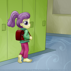 Size: 1500x1500 | Tagged: safe, alternate version, artist:smudge proof, lily pad (equestria girls), equestria girls, backpack, barefoot, barefooting, canterlot high, clean feet, clothes, commission, feet, randoseru, sketch, soles, solo