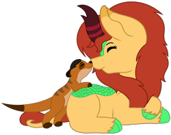 Size: 1024x808 | Tagged: safe, artist:midnightamber, oc, oc only, oc:shauku, oc:summer breeze, kirin, pony, boop, couple, cute, eyes closed, happy, kirin oc, lying down, meerkat, noseboop, oc x oc, reaching towards, shipping, smiling