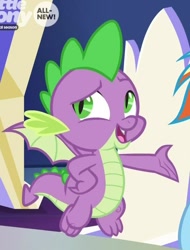 Size: 676x891 | Tagged: safe, screencap, spike, dragon, the beginning of the end, claws, cropped, male, raised eyebrow, solo focus, tail, toes, winged spike, wings