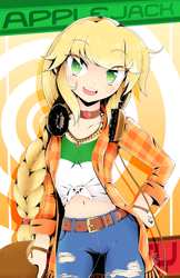 Size: 792x1224 | Tagged: safe, artist:banzatou, derpibooru import, applejack, human, anime, belly button, belt, braid, clothes, cowboy hat, cute, eye clipping through hair, female, front knot midriff, hat, headphones, humanized, jackabetes, jeans, jewelry, looking at you, manga style, midriff, necklace, pants, smiling, solo