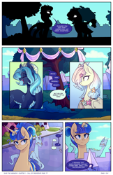 Size: 2301x3549 | Tagged: safe, artist:darlyjay, oc, oc only, oc:glowing flower, oc:persephone, oc:sterling sentry, dracony, hybrid, pony, unicorn, comic:save the harmony, comic, female, interspecies offspring, mare, offspring, parent:discord, parent:flash sentry, parent:fluttershy, parent:rarity, parent:spike, parent:twilight sparkle, parents:discoshy, parents:flashlight, parents:sparity