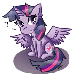 Size: 800x798 | Tagged: safe, artist:ho-ohgia, twilight sparkle, twilight sparkle (alicorn), alicorn, pony, deviantart watermark, heart eyes, obtrusive watermark, question mark, solo, spread wings, watermark, wingding eyes, wings