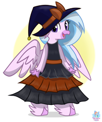 Size: 936x1115 | Tagged: safe, artist:rainbow eevee, silverstream, classical hippogriff, hippogriff, bipedal, clothes, cute, diastreamies, dress, female, halloween, hat, holiday, looking at you, oktoberfest, open mouth, simple background, solo, witch hat