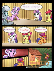 Size: 1202x1588 | Tagged: safe, artist:vavacung, edit, apple bloom, diamond tiara, scootaloo, silver spoon, sweetie belle, earth pony, pegasus, pony, unicorn, :t, abuse, arin hanson face, clubhouse, comic, cross-popping veins, crusaders clubhouse, cutie mark crusaders, defenestration, employer meme, exploitable meme, female, filly, meme, ponified meme, scootabuse, speed lines, swirly eyes, worst pony