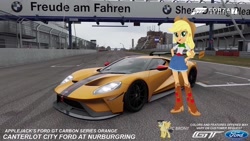 Size: 1280x720 | Tagged: safe, artist:forzaveteranenigma, applejack, fanfic:equestria motorsports, equestria girls, car, eqg promo pose set, ford, ford gt, forza motorsport 7, germany, hypercar, nurburgring, photo, race track, supercar, watermark