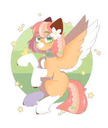 Size: 1280x1515 | Tagged: safe, artist:koishay, oc, oc:baby cakes, bird, chicken, bell, braid, choker, eyebrows visible through hair, female, flower, flower in hair, green eyes, pegasus oc, socks (coat marking), stars