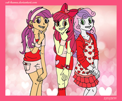 Size: 1136x936 | Tagged: safe, artist:sab-hanna, apple bloom, scootaloo, sweetie belle, equestria girls, cutie mark crusaders, heart