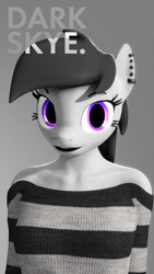 Size: 2160x3840 | Tagged: safe, artist:darkskye, oc, oc:darkskye, anthro, 3d, 4k, black and white, clothes, ear piercing, female, grayscale, lipstick, monochrome, nexgen, piercing, simple background, solo, source filmmaker, stripes, sweater