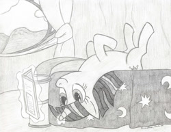 Size: 900x694 | Tagged: safe, artist:peruserofpieces, twilight sparkle, unicorn twilight, pony, unicorn, bed, curtains, gift art, glowing horn, golden oaks library, happy, horn, legs in air, lying down, lying on bed, magic, magic aura, pencil drawing, reading, smiling, traditional art, upside down, window