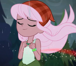 Size: 829x720 | Tagged: safe, screencap, raspberry lilac, better together, equestria girls, let it rain, background human, bandana, clothes, cropped, eyes closed, female, jewelry, necklace, sleeveless, tanktop