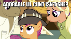 Size: 953x530 | Tagged: safe, edit, edited screencap, screencap, mane allgood, scootaloo, snap shutter, earth pony, pegasus, pony, the last crusade, australian, bad language, caption, clothes, cunt, cussing, cutie mark, dialect, dialect barrier, family, female, filly, foal, hat, image macro, male, mare, shirt, stallion, swearing, text, the cmc's cutie marks, trio, vulgar